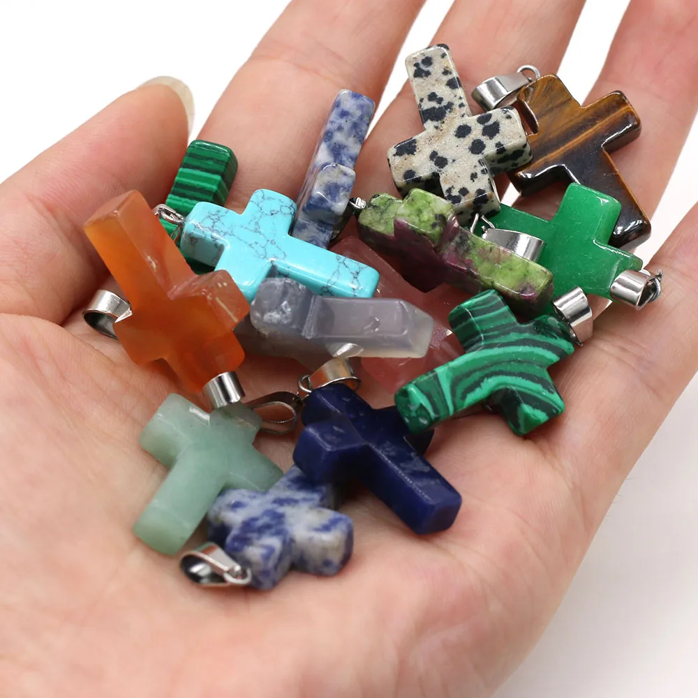 

10pcs Natural Stone Gem Cross Pendant Handmade Crafts DIY Personalized Trend Necklace Bracelet Earring Jewelry Gift Making