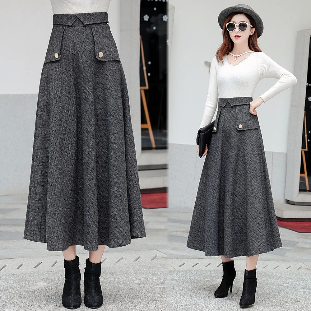 

Woolen Skirt Mid-length High-waisted Plaid Stripes Swinging Skirt Large Size A- line Full Skirt