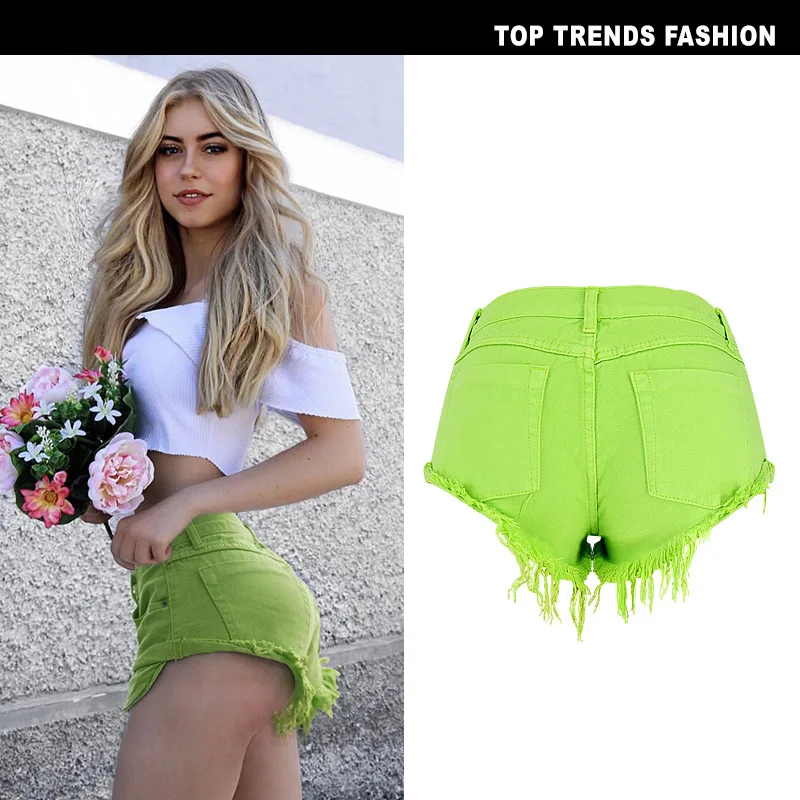 Sexy Casual Summer Green Long Pockets Jeans Shorts Women Fashion Low Waist Tassel Ripped Denim Shorts New Solid Color Hot Short (9)