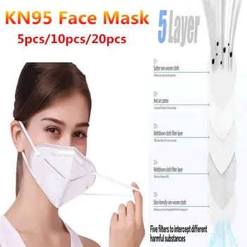 

5pcs/10pcs/20pcs Face Mask KN95 5-layers Mascarilla Dustproof Protection Face Mask 95% Filtration Mouth Anti Dust PM2.5 FaceMask