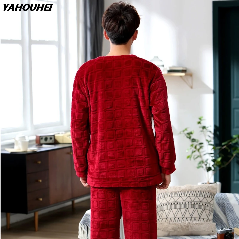 

Thick Warm Flannel Pajamas Sets for Men 2018 Winter Long Sleeve Letter Print Sleepwear Coral Velvet Pyjama Male Homewear Clothes