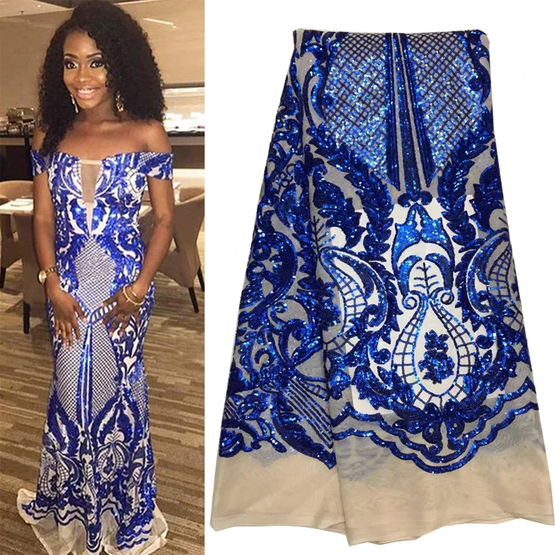 

Nigeria embroidery lace fabric with sequins best quality French tulle mesh lace sewing material for wedding dinner dress 5 yards