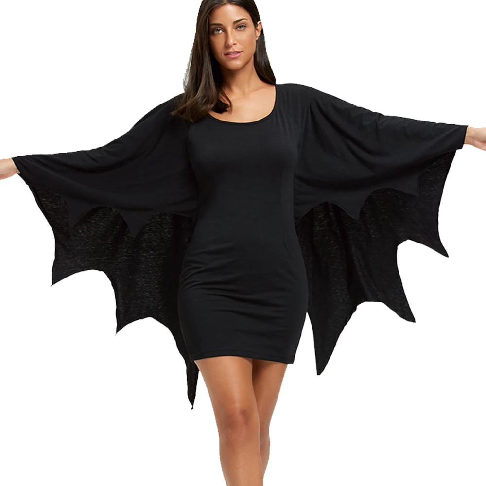 

2019 Halloween Bodycon Dress with Bat Wings Gothic Style U Neck Long Sleeves Solid Mini Dresses Women Autumn Winter Vestidos
