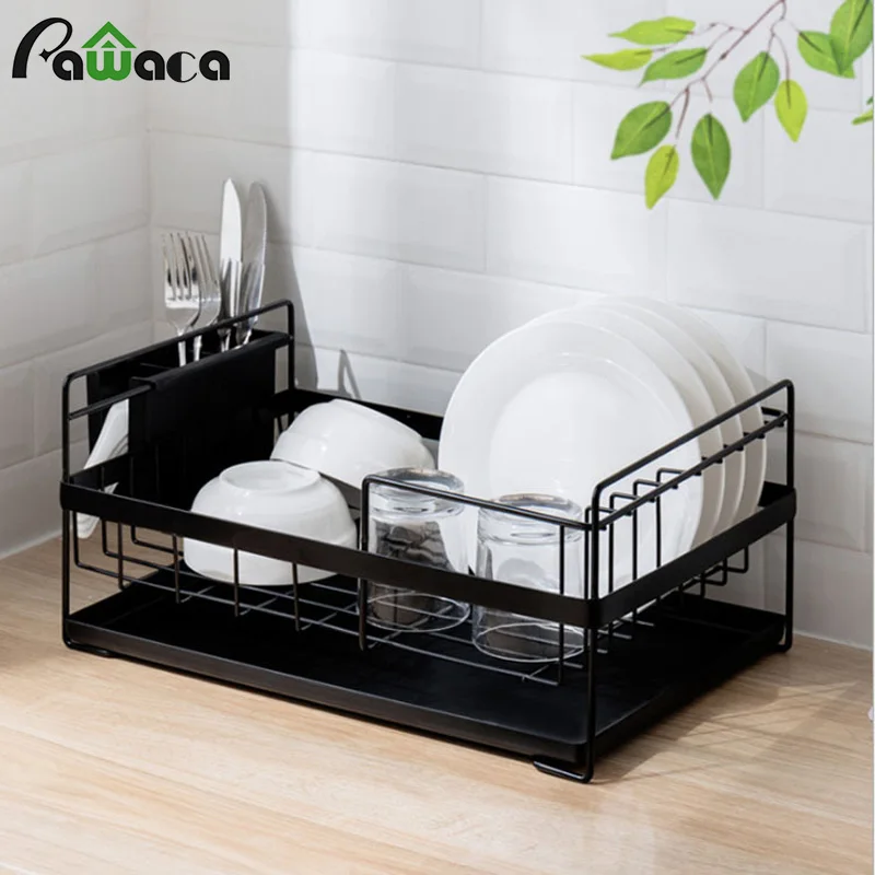

Kitchen Dish Drainer Large Dish Drying Rack with Drip Tray Silverware Storage Basket Anti-Rust Metal Drainer Shelf for Kitchen