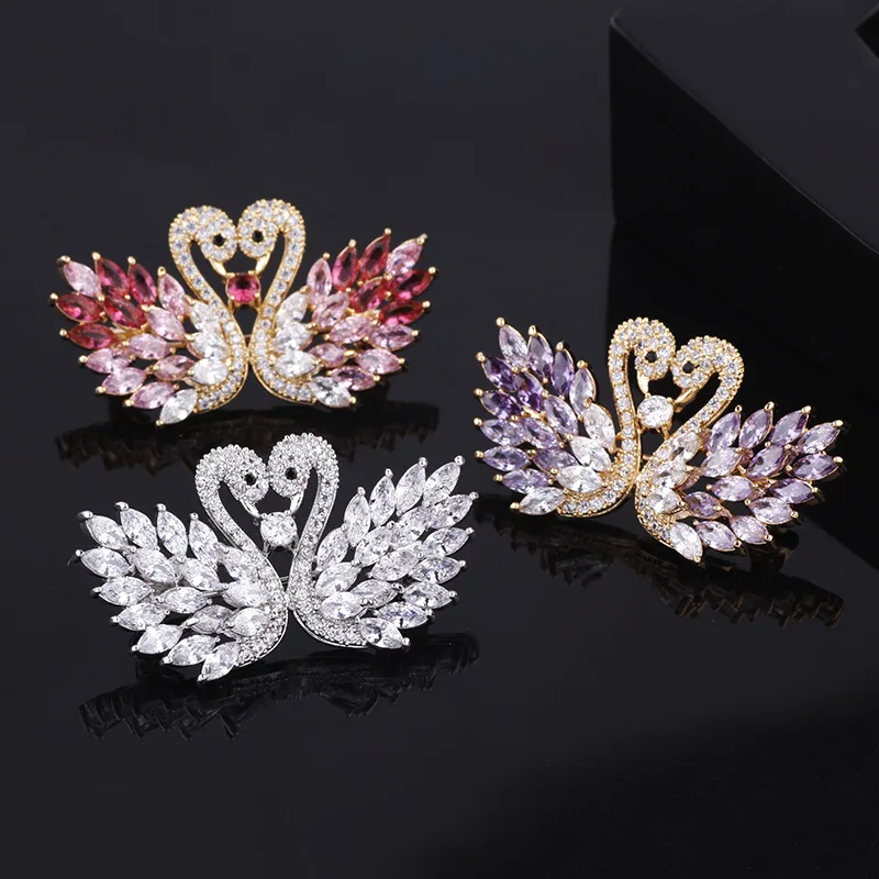

Elegant Double Swan Brooches for Women Colorful Crystal Rhinestone Brooch Animals Badge Pin Gorgeous Jewelry Valentine's Day