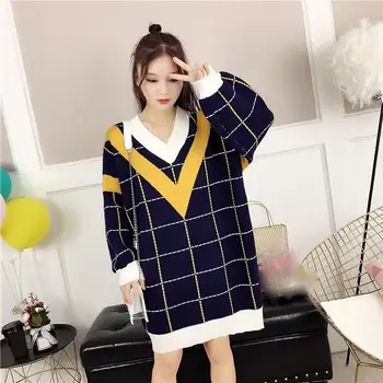 

Women Casual V Neck Loose Sweater Dress Female Knitted Plaid Dress Autumn Preppy Style Patchwork Plus Size Short Dress