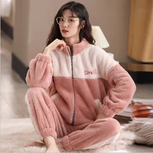 Pajamas women autumn and winter models coral velvet thickening plus velvet zipper home service ladies flannel outer wear suit