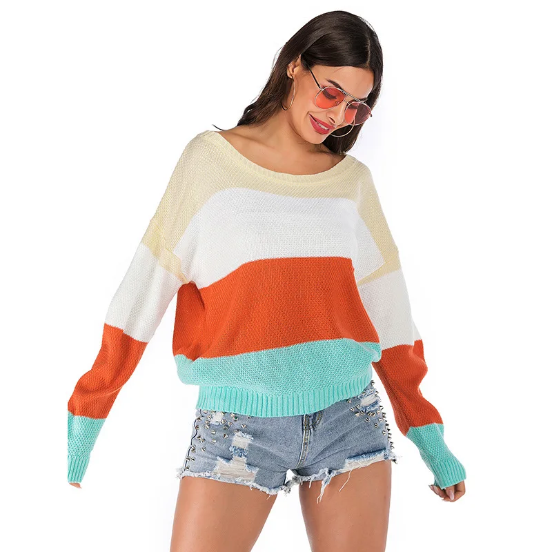 

2020 Autumn and Winter New Color Contrast Loose Sweater Women Knitted Women Sweater Pullover Casual O-neck Long-sleeved Streetwe