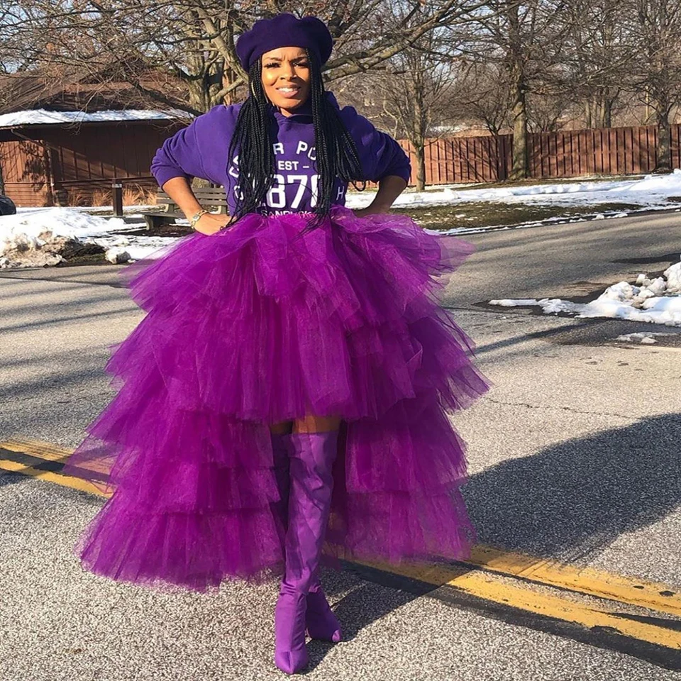 

Trendy High Low Formal Skirt Sexy Purple Tiered Ruffle Tulle Skirts Asymmetrical Party Skirt Custom Made Any Colors