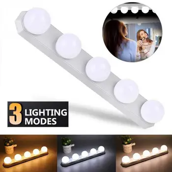

USB Rechargeable LED Mirror Light 5 Dimmable Bulbs Brightness Adjustable LED Mirror Light 3 Color Decoration Lamp