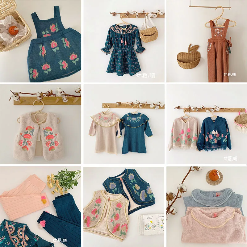 

French Romantic Design Girl Embroidered Ruffled Dress Spring Kids Beautiful Dresses Girl Knitted Twril Dress Toddler Clothes