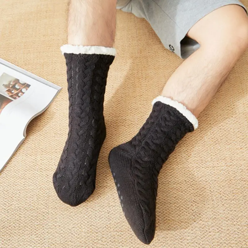 Men Super Soft Warm Fuzzy Slipper Socks Twist Cable Knitted Solid Color Thicken Plush Lining Hosiery with Non-Slip Grips Men Super Soft Warm Fuzzy Slipper Socks Twist Cable Knitted Solid Color Thicken Plush Lining Hosiery with Non-Slip Grips