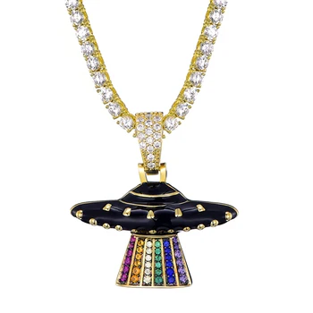 

Hip Hop Iced Out Micro Paved Colorful Cubic Zirconia UFO Pendant Necklace For Men Rapper Jewelry With Tennis Chain