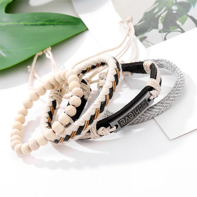 Fashion Beads Leather Wrap Bracelet Set Men New Design Wristband Multiple Bracelets & Bangles Party Wedding Jewelry Gifts