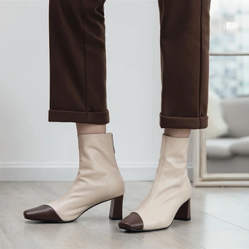 

Genuine Leather Women Boots Natural Leather Ankle Boots for Women Fashion Square Toe Thick High Heel Short Boots Ladies Shoes