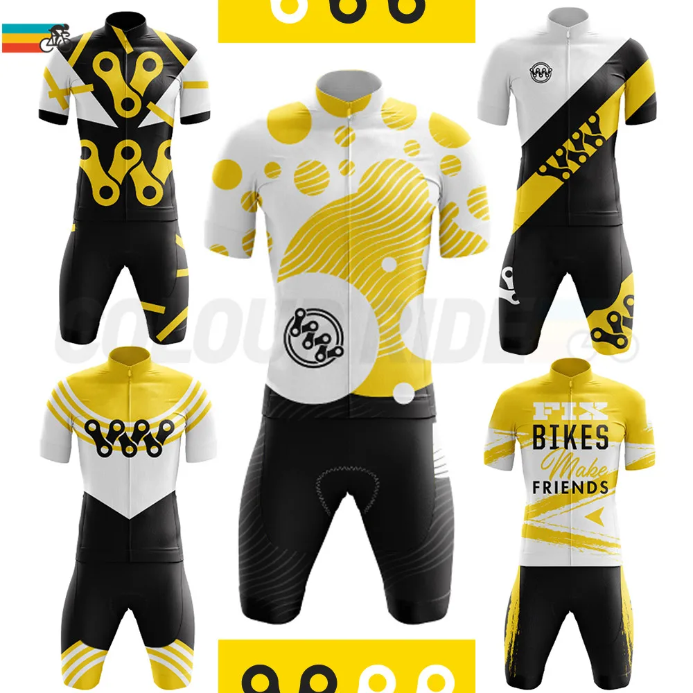 Men Cycling Clothing New Team Bike Jersey Set Summer Short Sleeve Racing Cycle Suit Yellow Black Bicycle Chain Pattern | Спорт и