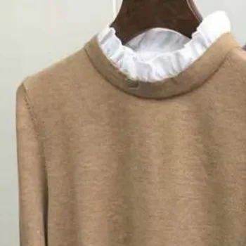 

Lace Neck Sweater with Pleated Neckline Slim Base and Long Sleeve Sweater