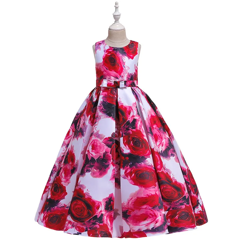 Г. Европа и США, Осеннее детское пышное платье принцессы с принтом розы платье для подиума для девочек длинное платье для дня рождения - Цвет: Красный