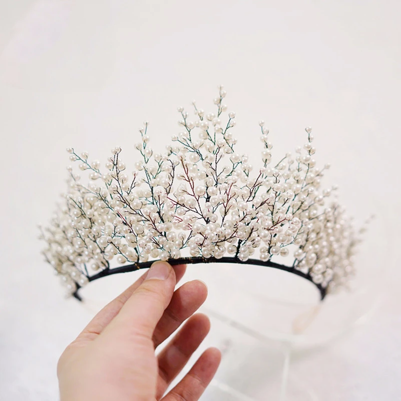 

New Pearl Big Crown Wedding Tiara And Crown Gorgeous Black Wire Handmade Headband Bridal Headpiece Vintage Jewelry