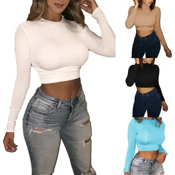 

Round Neck Sweater Sexy Navel Bare Cropped Top Sweater Women Autumn Winter Ribbed Lady Knitted Pullovers Short Sweater
