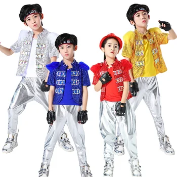 

Children Street Dance Performance Clothes Sequins Cheerleader Uniform Boys Girls Drum Hip Hop Jazz Dance Costume Party Outfit