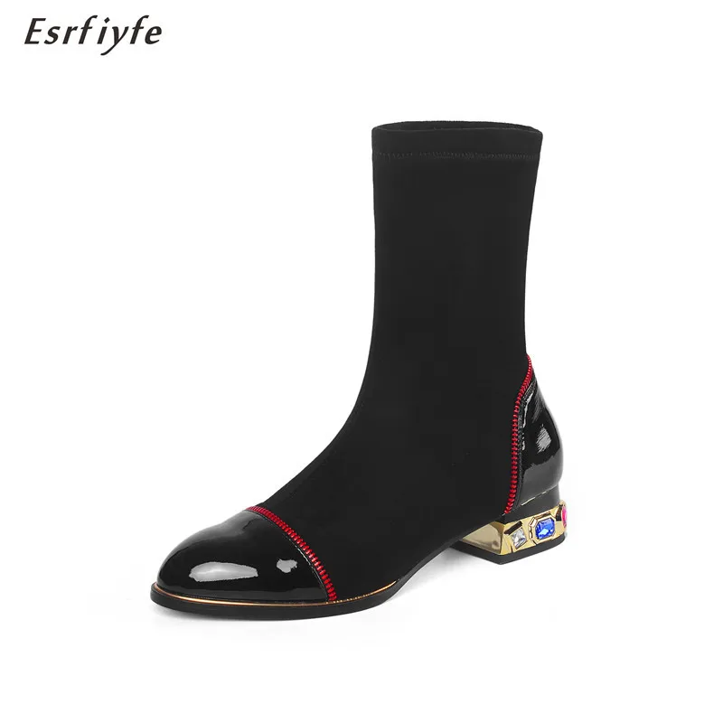 

ESRFIYFE 2020 New Genuine Leather and Suede Ankle Boots Women Winter Autumn Square Heels Slip on Boots Round Toe Woman Shoes