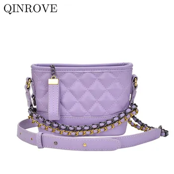

QINROVE Shoulder-bag Women PU Messengers Bags Metal Chains Cross Bag Fashion Designer Ladies Diamond Lattice Soft Purple Small