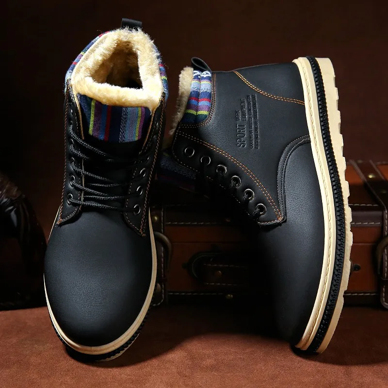 Winter Men Snow Boots Waterproof Men's Boots Warm Fleeces Men Winter Shoes High Top Ankle Leather Boots Men's Winter Sneakers - Цвет: Черный