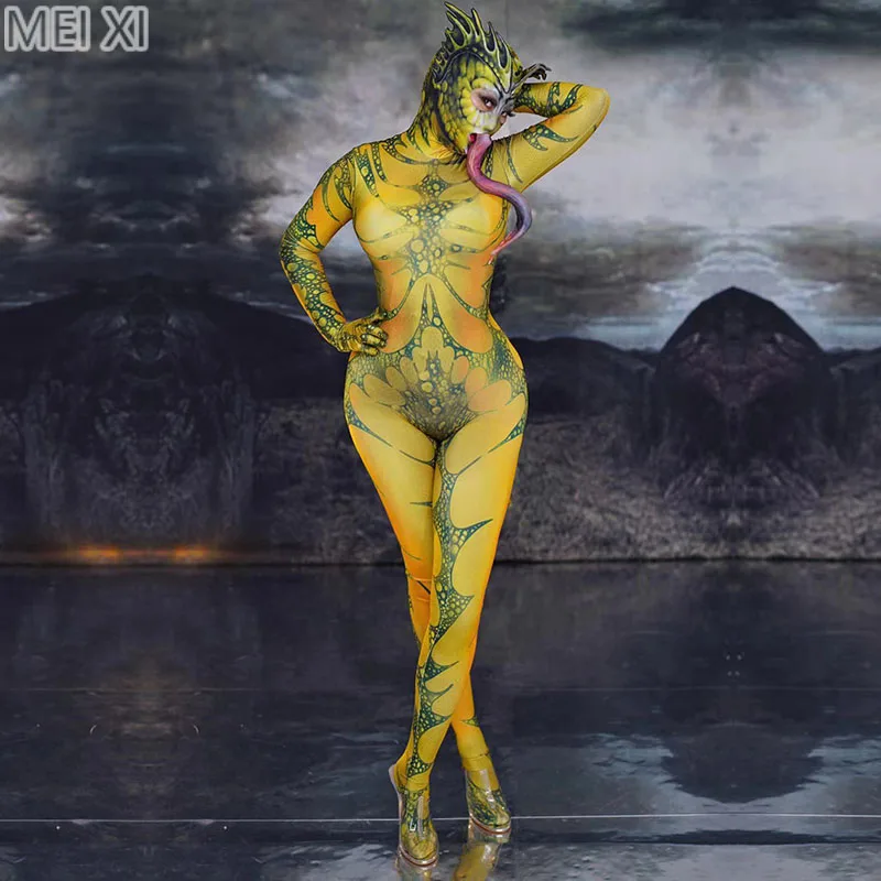 

Комбинезон с рисунком ящерицы для ролевых игр, комбинезон для ночных клубов, баров, концертов, диджея, певицы, танцевального костюма