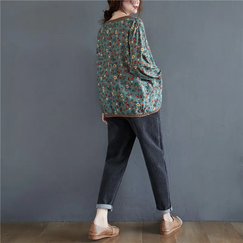 DIMANAF Plus Size Women T-Shirt Vintage Female Long Sleeve Tops Tee Tunic Floral Print Cotton Loose Autumn tshirt Women Clothing