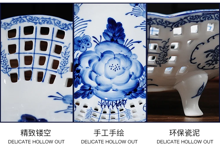 Blue white porcelain fruit plate modern Chinese style hollowed out hand painted Chinese style creative home living room fruit bo