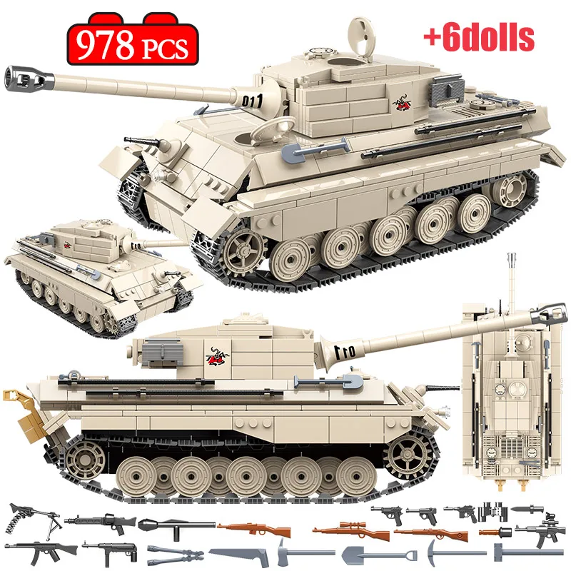 Online 978 stücke Deutsch WW2 Tiger König Tank Bausteine Legoing Military Tank Armee Soldat Waffe Figuren Blöcke Geschenke Spielzeug für jungen