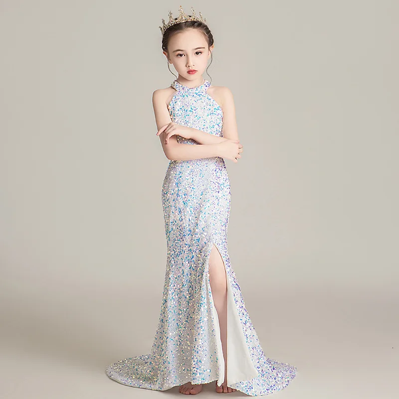 

Girl Princess Sexy Split Evening Dress Children Sequin Oriental Style Wedding Dresses Kids Qipao White Chinese New Year Clothes