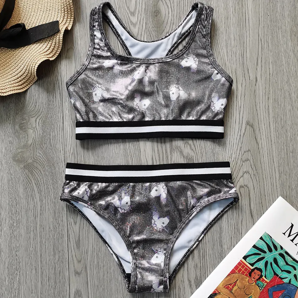 7-14 Years Girl Swimsuit Kids Letter Print Bikini Set Sport Two Piece Children's Swimwear Belt Beachwear