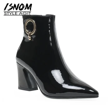 

ISNOM Patent Leather Boots Women Ankle Boot Pointed Toe Shoes Female High Heels Hoof Shoes Ladies Metal Shoes Winter 2020 New