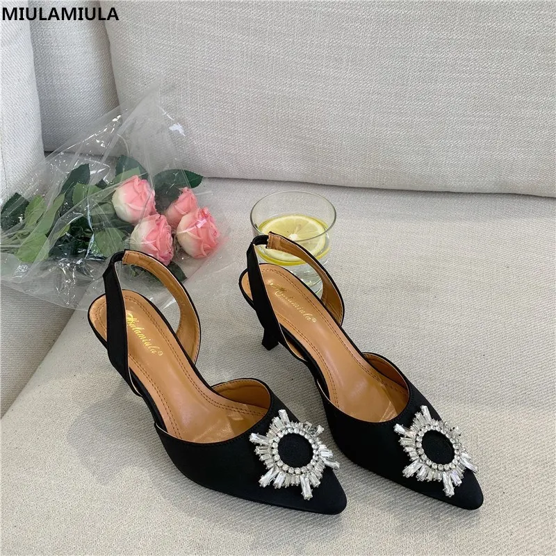 

MIULAMIULA Brand Designer 2020 Spring Luxury Bling Crystal Buckle Back Strap High Thin Heels Lady Sandals Pumps Black Size 35-40