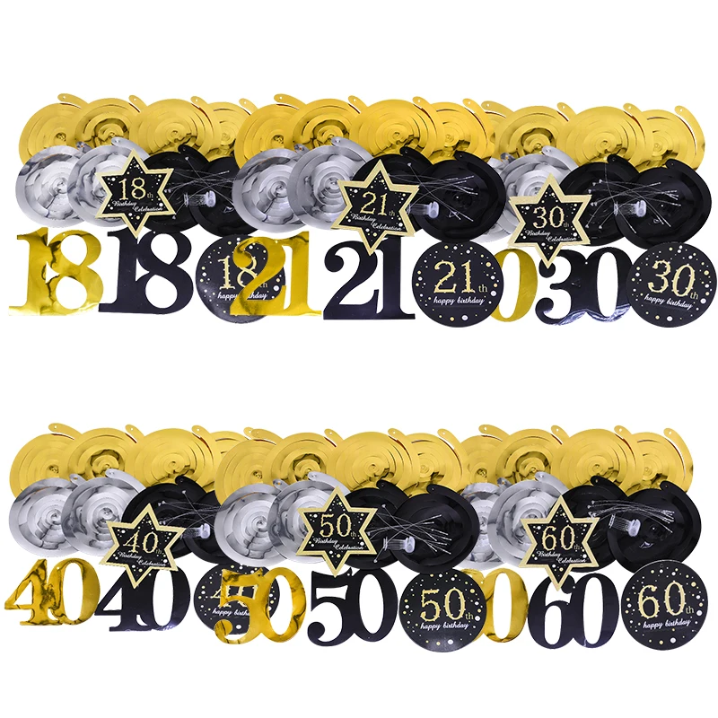 8pcs/Pack Black Gold 18 21 30 40 50 60 Happy Birthday Star Decorative Ceiling Hanging Swirl for Adult Birthday Party Decorations
