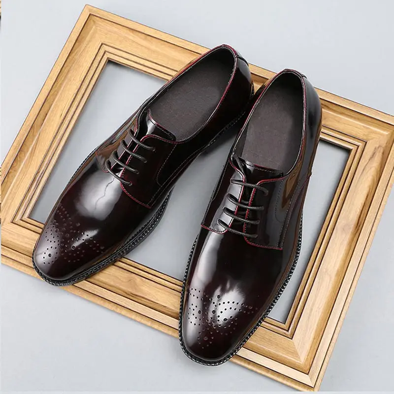 

2019 summer 100% genuine leather brogue shoes high quality black wine red Patent Leather Business wedding dress shoes for men