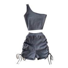 

Korea Fashion Suit Women's Summer tops SexyOne shoulder diagonal collart Short Top T Shrit + High Waist Drawstring foldshorts