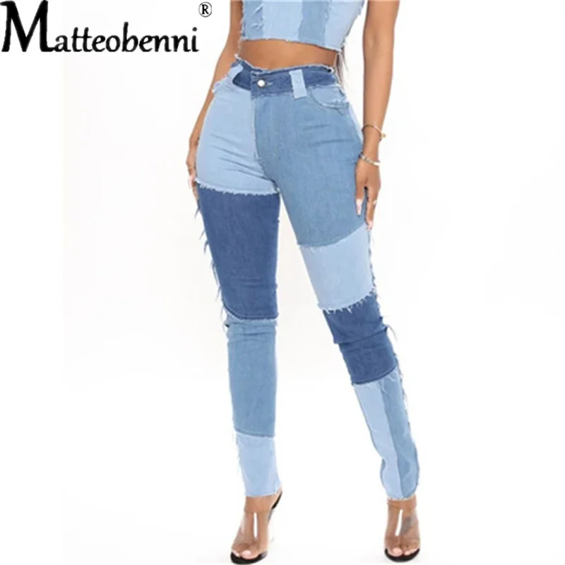 Streetwear Women's Bodycon Jeans Ladies Fashion Patchwork Harajuku Pencil Pants Jeans For Female High Waisted Denim Slim Jeans