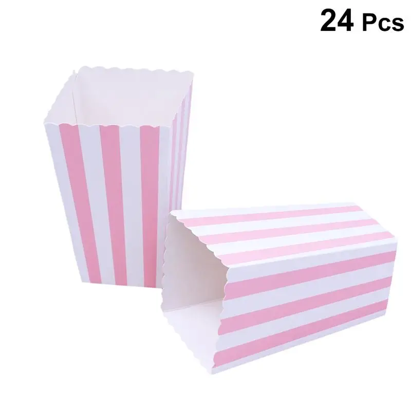 

24pcs Popcorn Boxes Rugby Stripe Pattern Decorative Dinnerware for Birthday Parties / Baby Showers / Graduations (Pink)