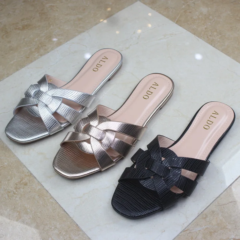 

Slipper 2019 New Style Outer Wear Flat Shoes Soft Bottom Lizard Skin Metal Pu Surface Cross Slipper Silver Gold Slippers