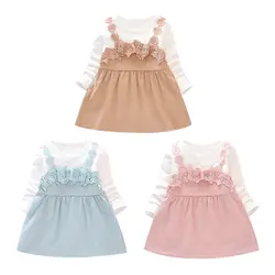 Весенне-осеннее платье с длинными рукавами для маленьких девочек, милое кружево с цветочным узором 3 цвета, однотонное платье в стиле