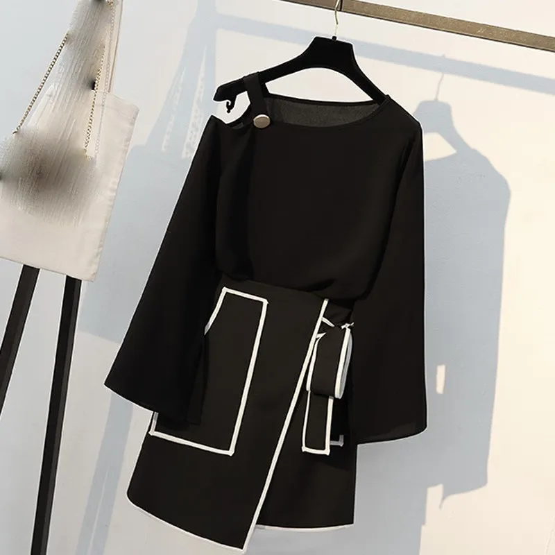 

Women Loose Slash Neck Two Piece Set Elegant Irregular Hem T Shirt And Mini Skirt Lace Up Plus Size Two Piece Outfits