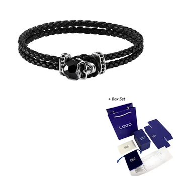 

SWA Fashion Jewelry New Skull Double Woven Leather Bracelet Black Skull Decoration Crystal Boy Handsome Romantic Jewelry Gift