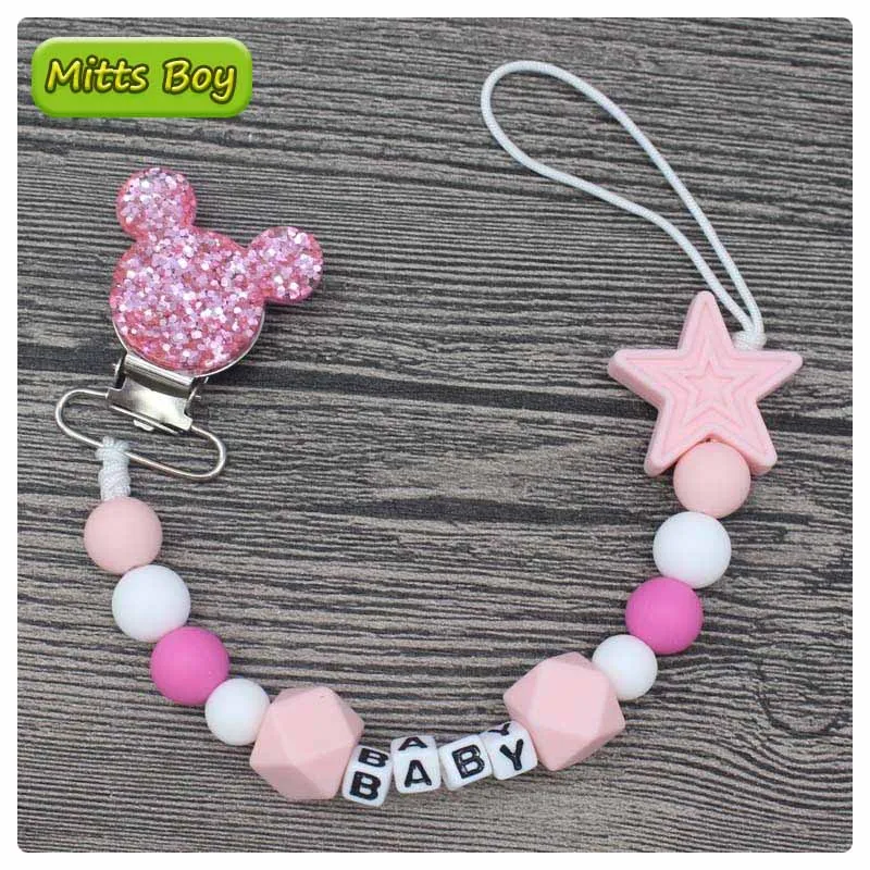 Chain Pacifier-Clip Mouse-Holder Nipple Shower Gift Name Personalised Newborn Baby Silicone