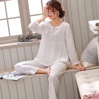 

Winter New Lace Fashion Women Pajama Set Round Neck Sweet Long Sleeve Trousers Set Sleepwear