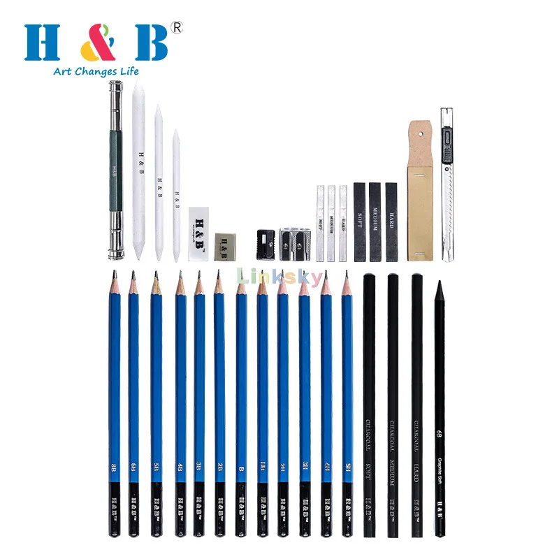 H & B Sketching Pencils Set, 32-Piece Drawing Pencils and Sketch Kit,  Complete Artist Kit Includes Graphite Pencils, Charcoal