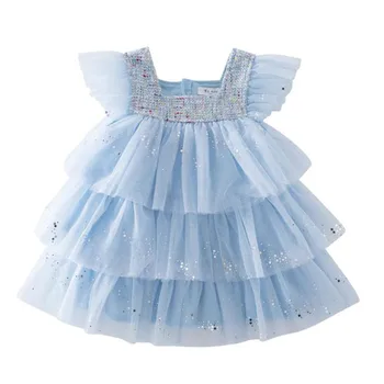 

DFXD Summer New Arrival Fly Sleeve Sequins Layered Dress Korean Style Fashion Blue Birthday Dresses For 1-7T Children Clothes