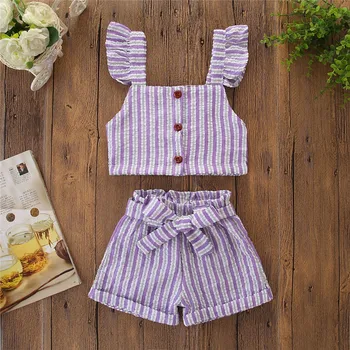 

kids baby girls fly sleeve striped tops pullovers T-Shirts belt bow shorts toddler girl clothing child clothes sets 2pcs 2-7Y